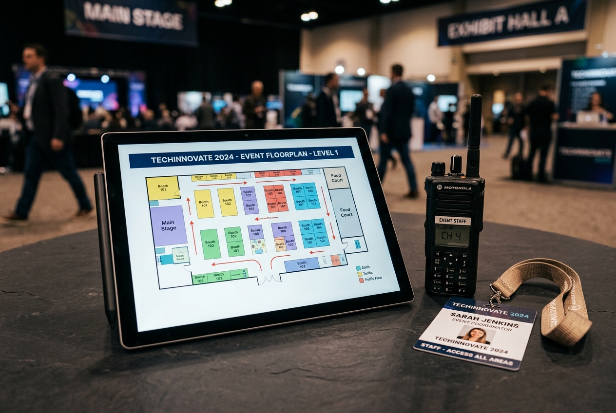 Tablet displaying event exhibition floorplan layout with communications equipment